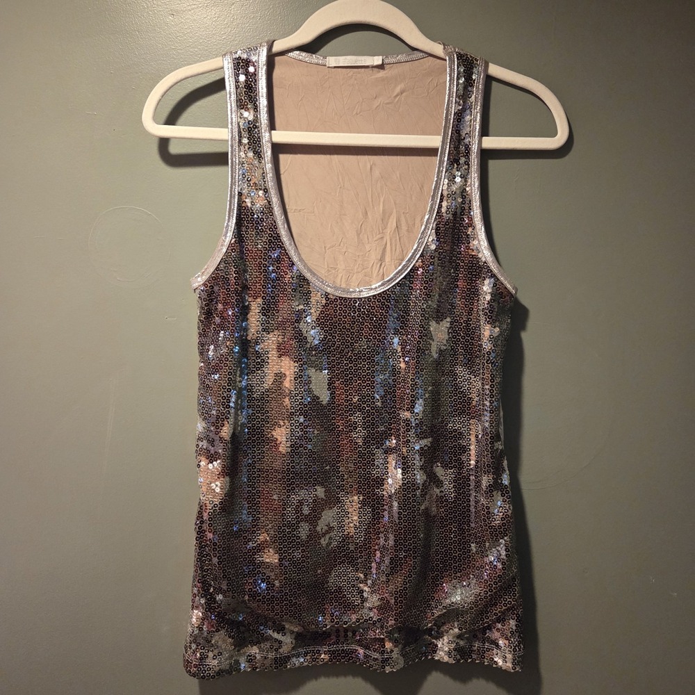 Vintage‎ Jaquette Sequin Camo Print Tank Top Y2K, Women's Size 2, Silver Multi